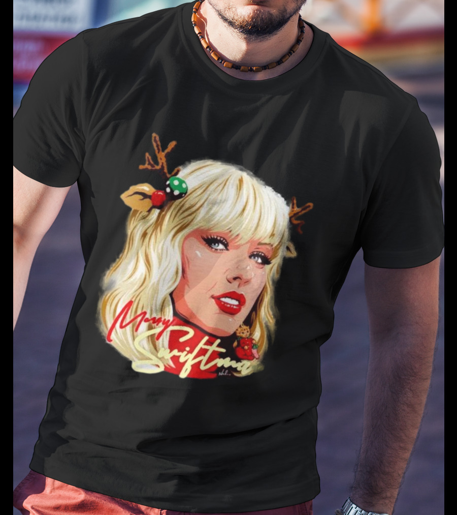 Merry Swiftmas Christmas Reindeer Antlers Bluscious Red Lips Holiday T-Shirt