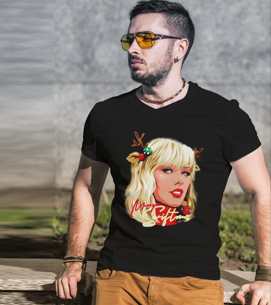 Merry Swiftmas Christmas Reindeer Antlers Bluscious Red Lips Holiday T-Shirt