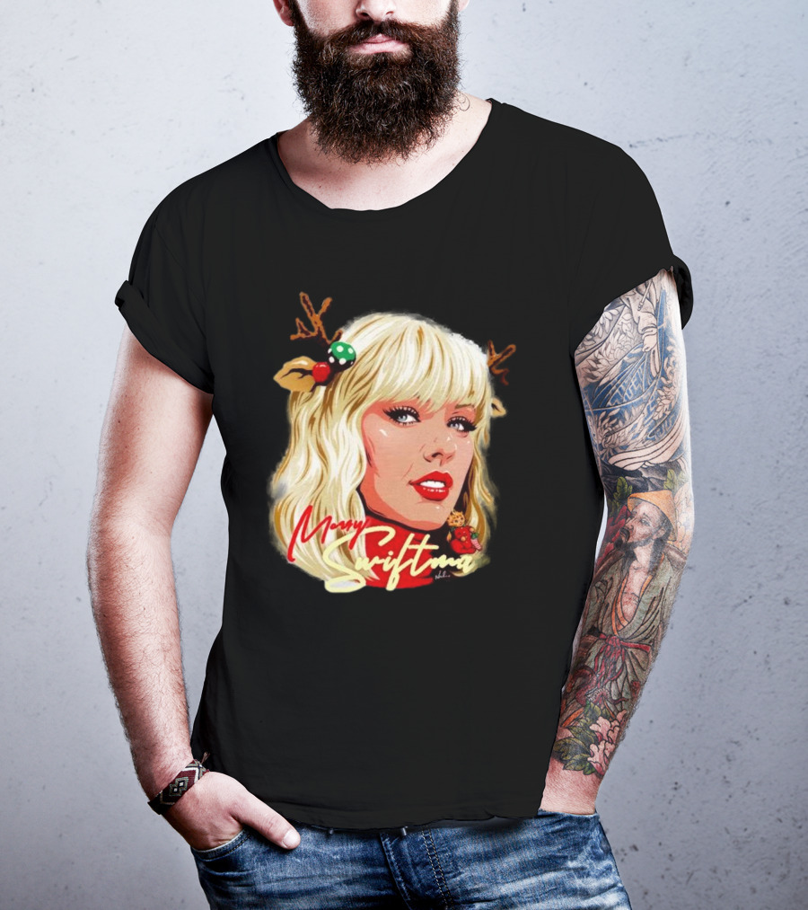 Merry Swiftmas Christmas Reindeer Antlers Bluscious Red Lips Holiday T-Shirt