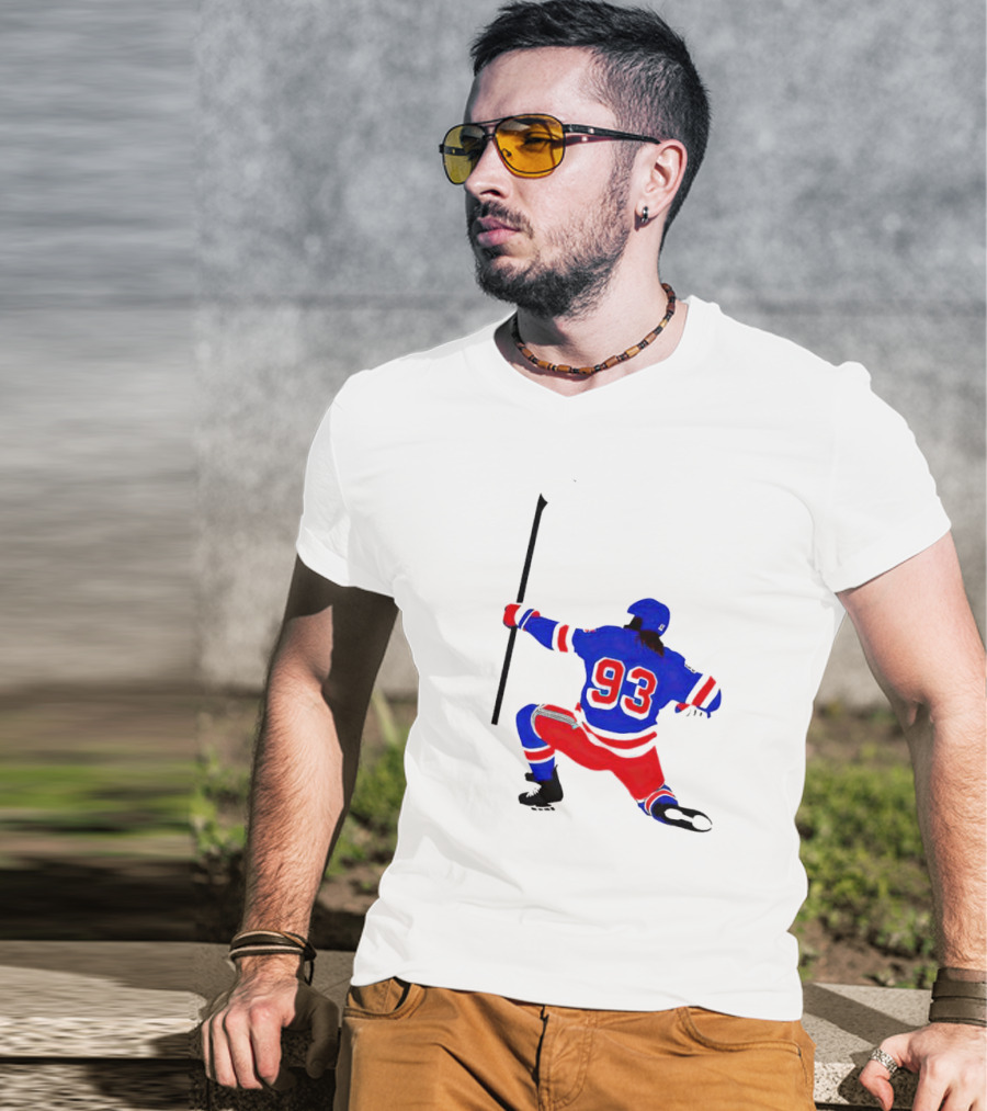 Mika Zibanejad Number 93 Hockey Celebration Iconic Bowing Pose T-Shirt
