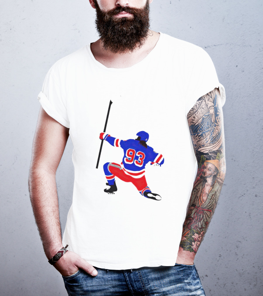 Mika Zibanejad Number 93 Hockey Celebration Iconic Bowing Pose T-Shirt