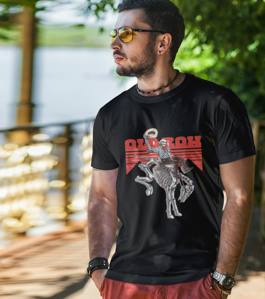 Old Row Skeleton Cowboy Riding A Skeleton Horse With Red Background Stripes T-Shirt