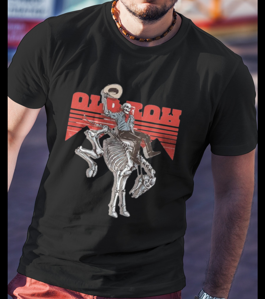 Old Row Skeleton Cowboy Riding A Skeleton Horse With Red Background Stripes T-Shirt