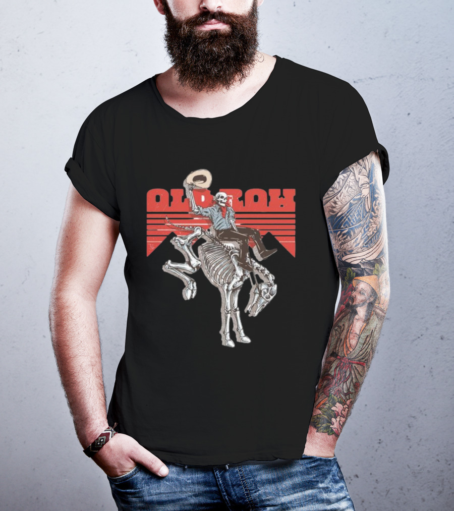 Old Row Skeleton Cowboy Riding A Skeleton Horse With Red Background Stripes T-Shirt