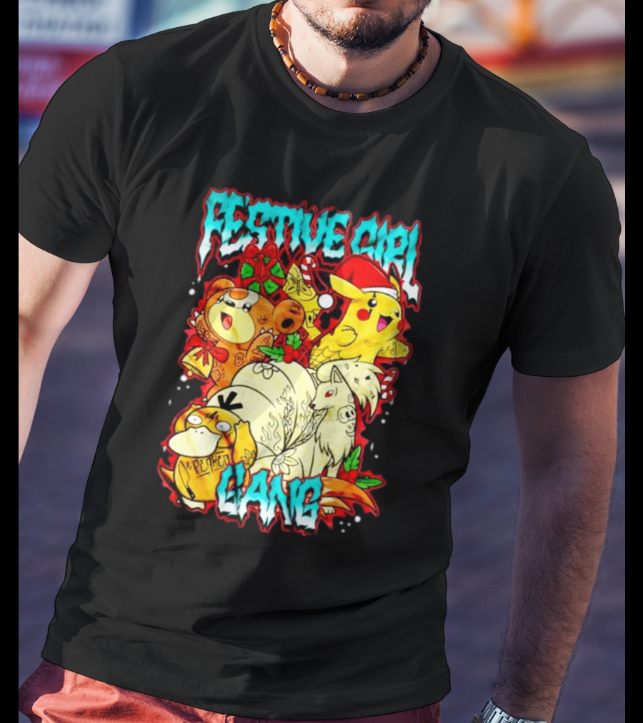 Festive Girl Gang Pokémon Pikachu Psyduck Clefairy Vulpix Christmas T-Shirt