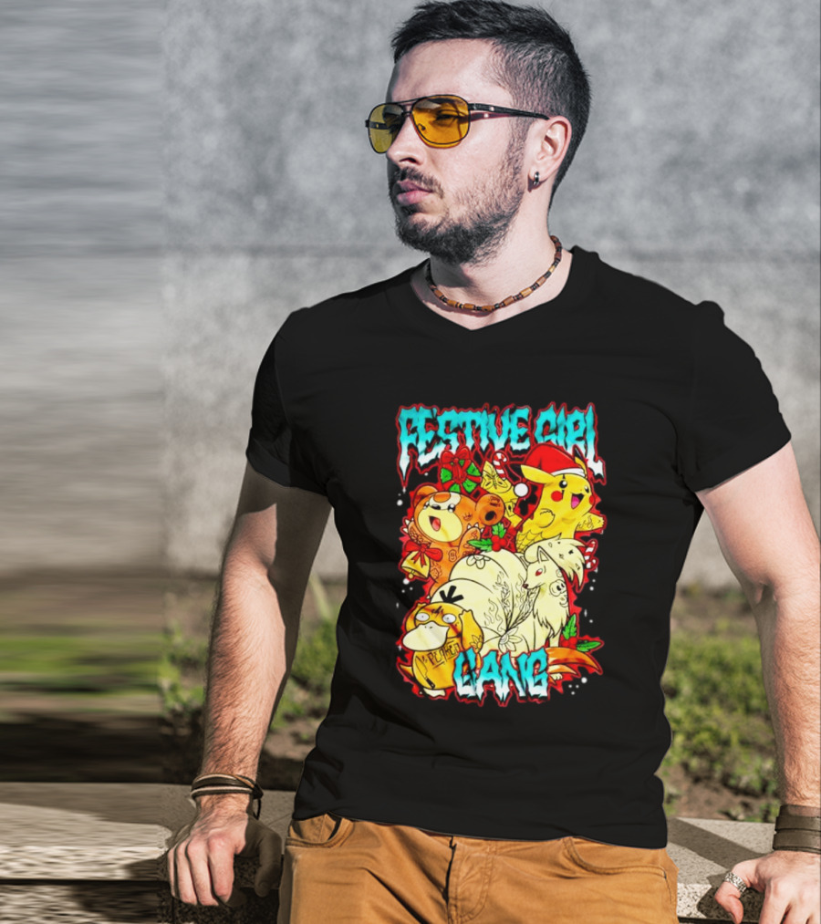 Festive Girl Gang Pokémon Pikachu Psyduck Clefairy Vulpix Christmas T-Shirt