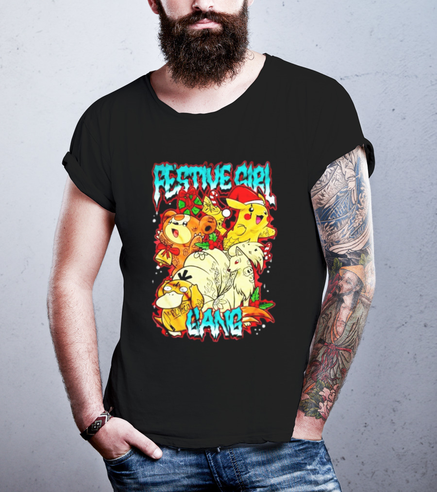 Festive Girl Gang Pokémon Pikachu Psyduck Clefairy Vulpix Christmas T-Shirt