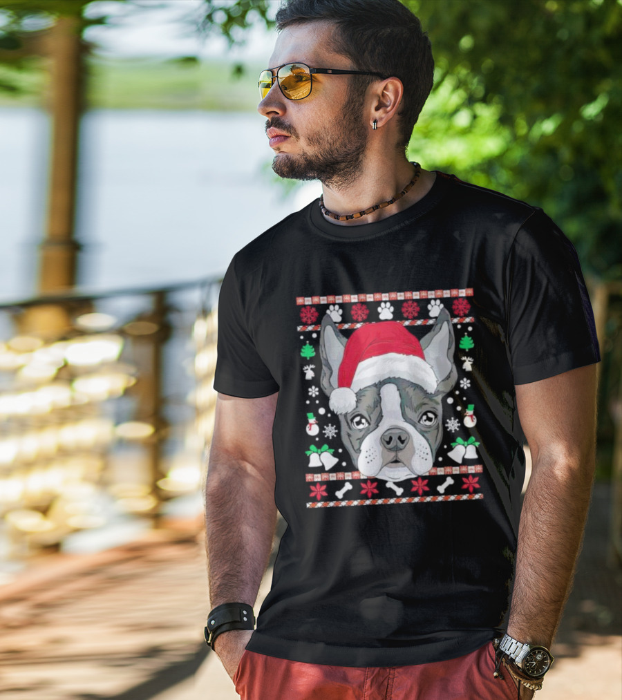Santa Boston Terrier Ugly Christmas Sweater Paws Bells Snowflakes T-Shirt