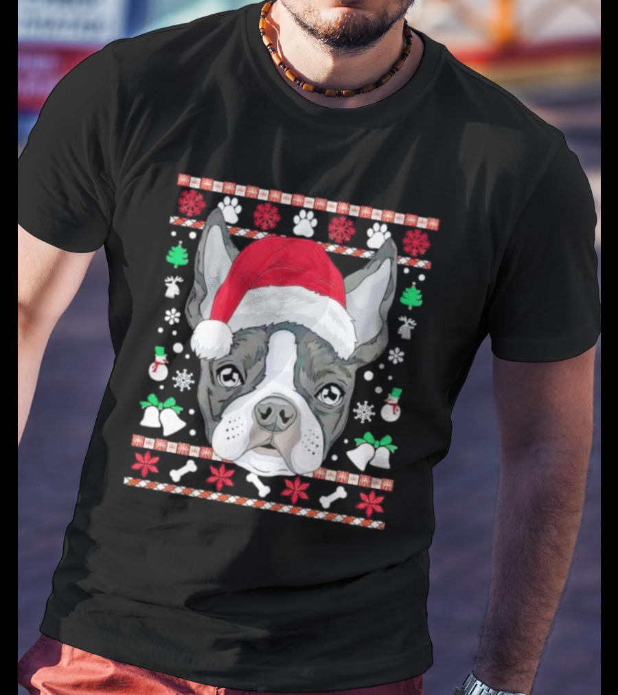 Santa Boston Terrier Ugly Christmas Sweater Paws Bells Snowflakes T-Shirt