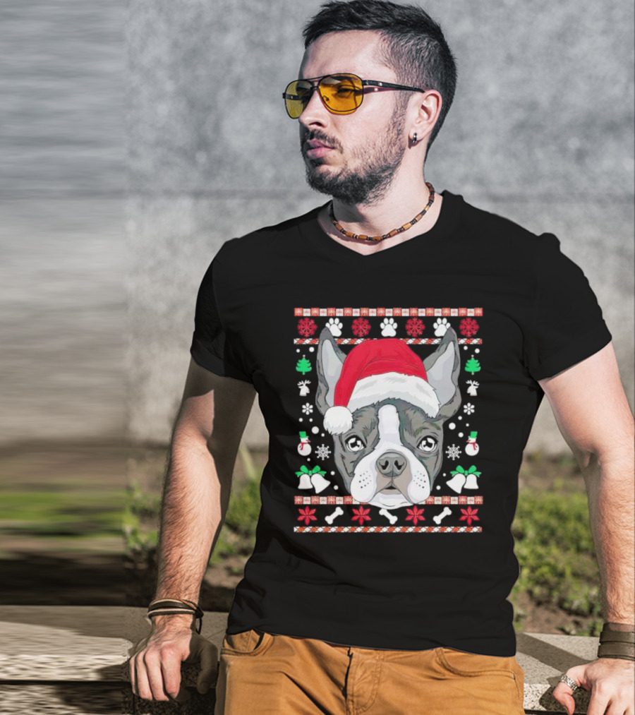 Santa Boston Terrier Ugly Christmas Sweater Paws Bells Snowflakes T-Shirt