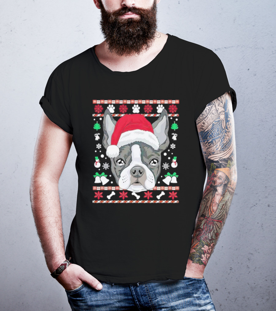Santa Boston Terrier Ugly Christmas Sweater Paws Bells Snowflakes T-Shirt
