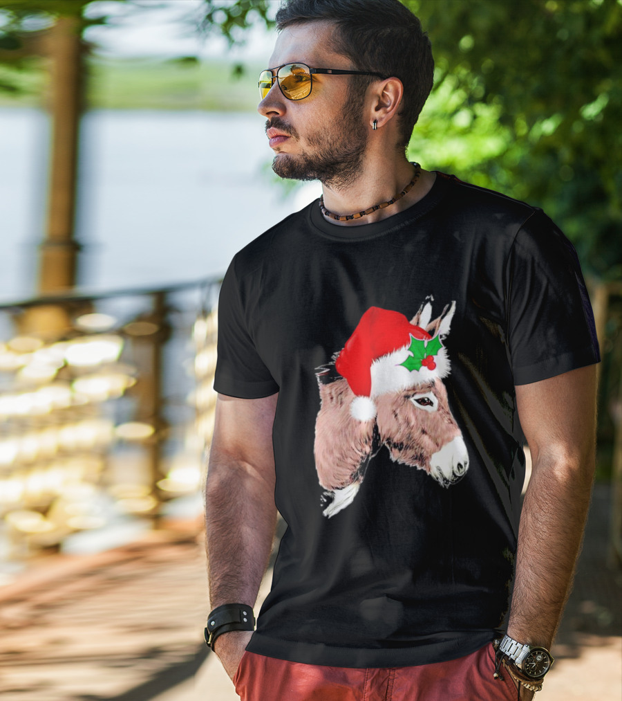 Santa Donkey Festive Hat Christmas Hollys T-Shirt