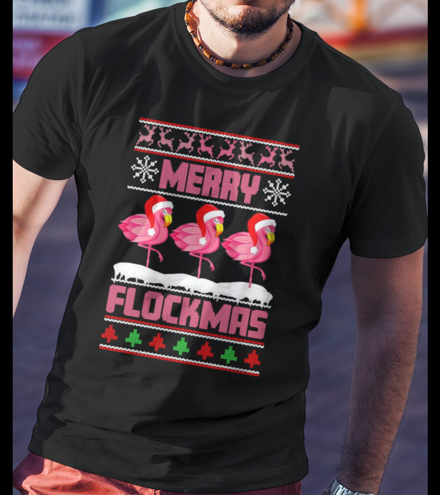 Merry Flockmas Christmas Santa Flamingo Trio Holiday T-Shirt