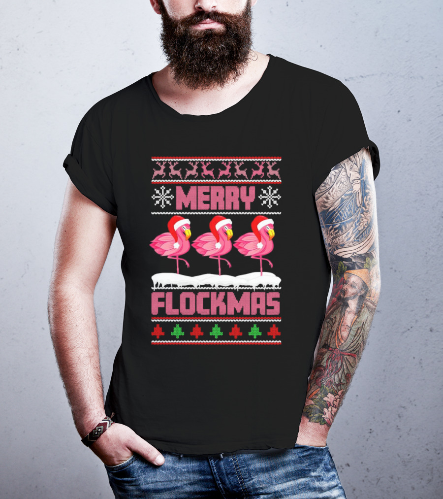 Merry Flockmas Christmas Santa Flamingo Trio Holiday T-Shirt