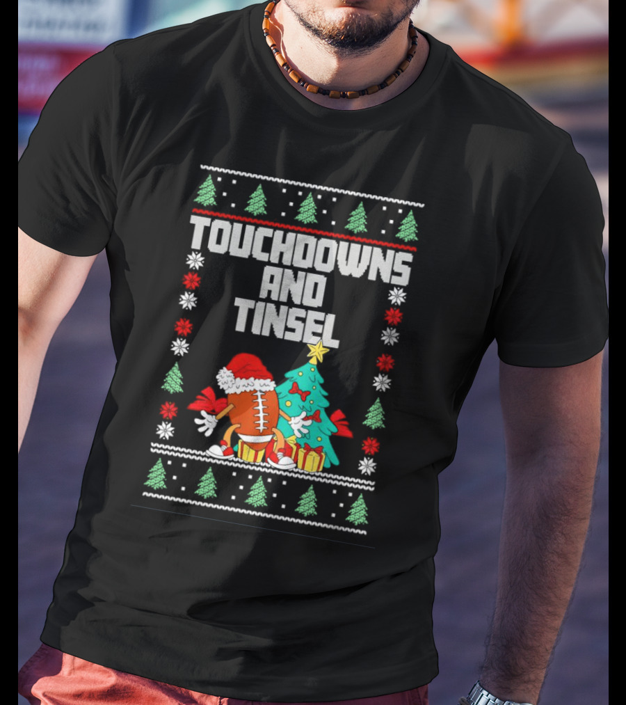 Touchdowns And Tinsel Christmas Football Santa With Tree And Gifts T-Shirt
