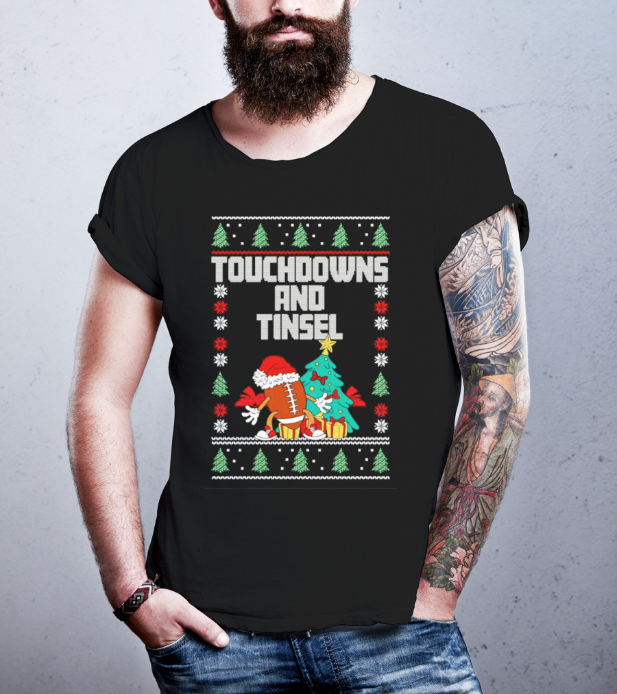 Touchdowns And Tinsel Christmas Football Santa With Tree And Gifts T-Shirt