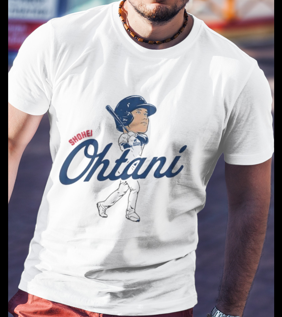 Shohei Ohtani Baseball Caricature With Blue Helmet And Batting Pose T-Shirt