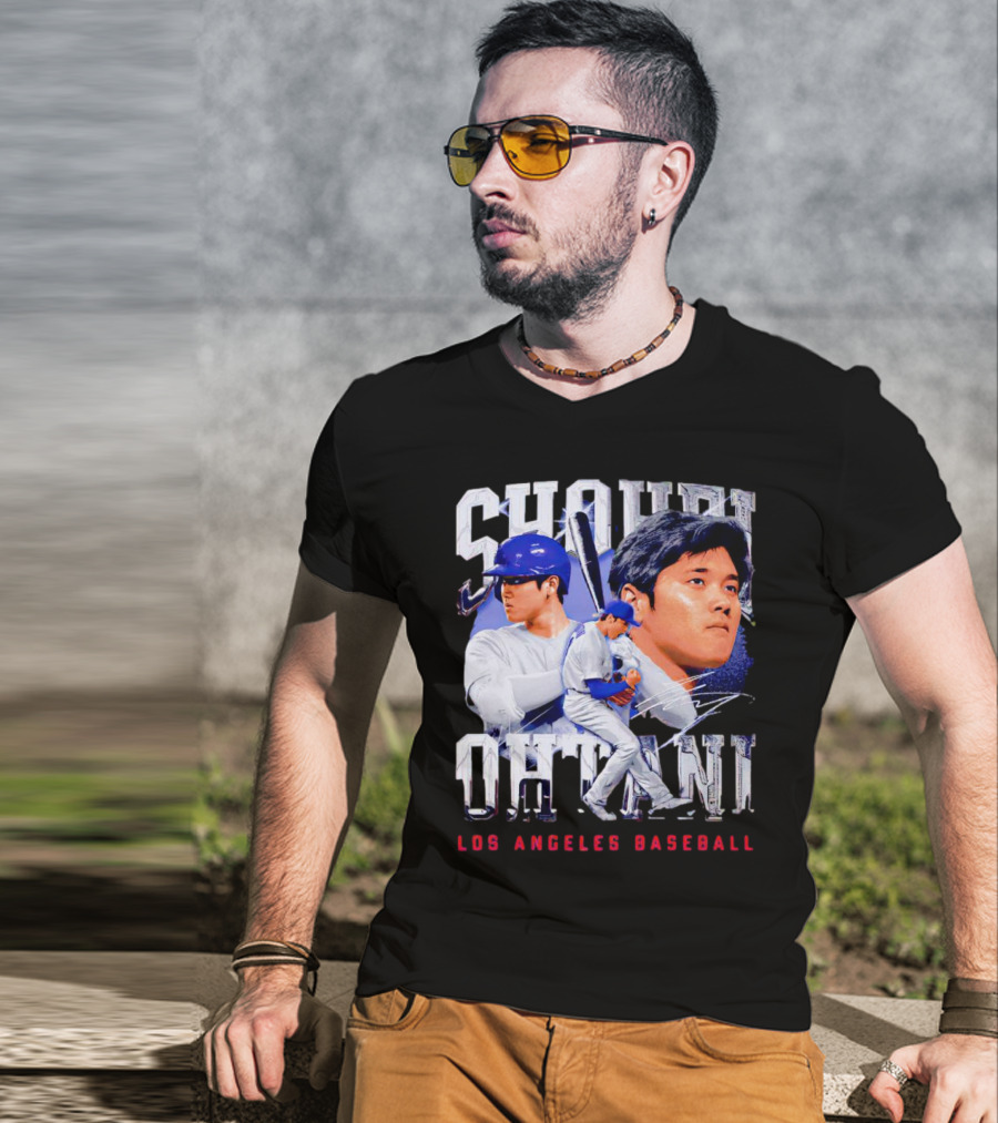 Shohei Ohtani Los Angeles Baseball Player Portrait And Action Scene T-Shirt