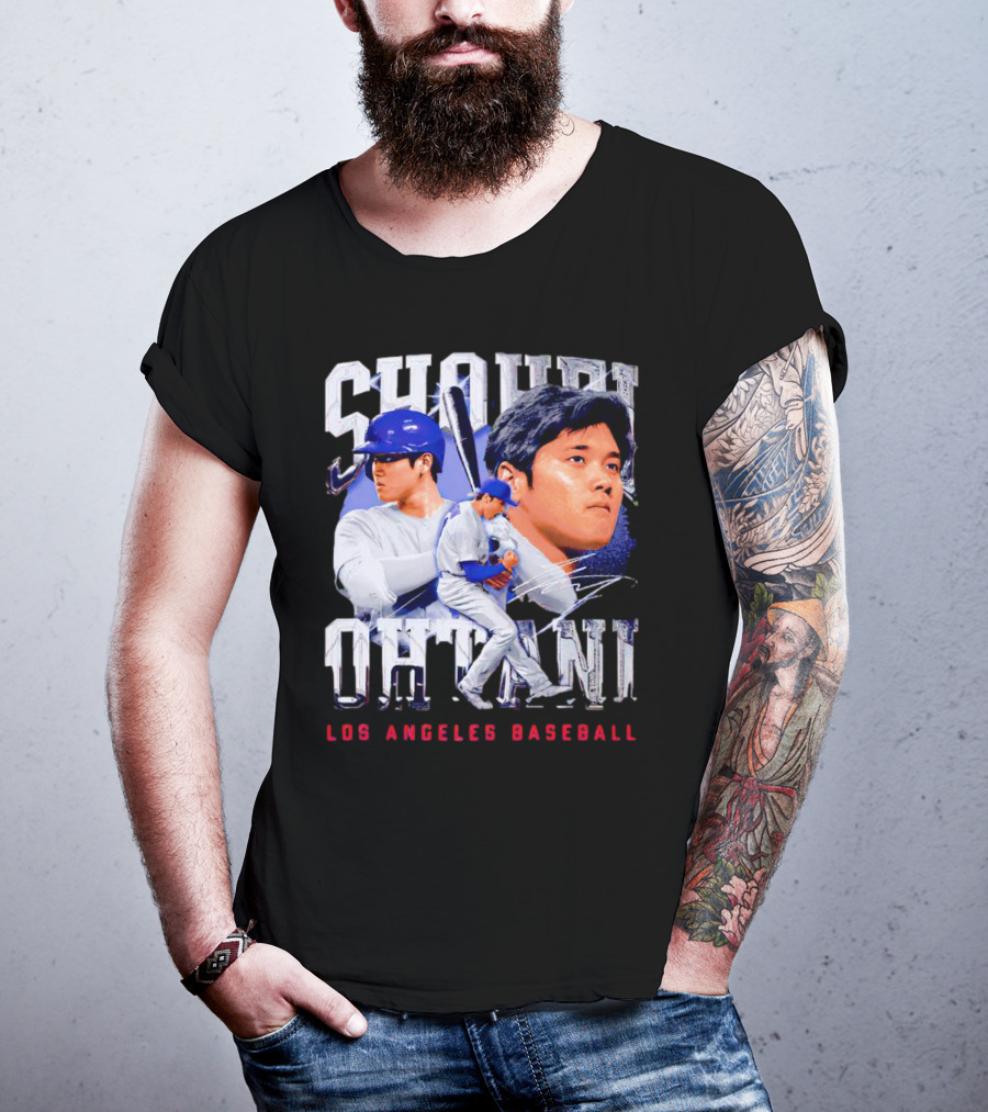 Shohei Ohtani Los Angeles Baseball Player Portrait And Action Scene T-Shirt