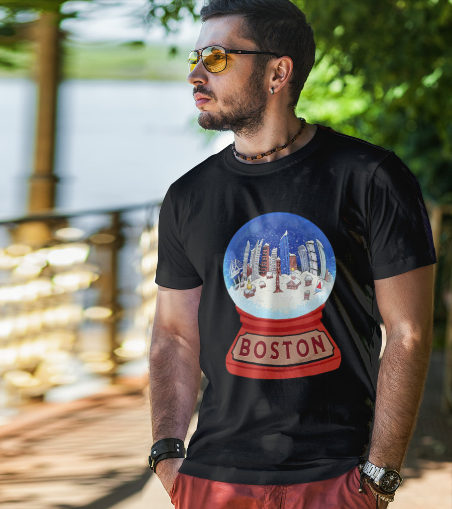 Boston Cityscape Snow Globes Christmas Holiday Scene T-Shirt