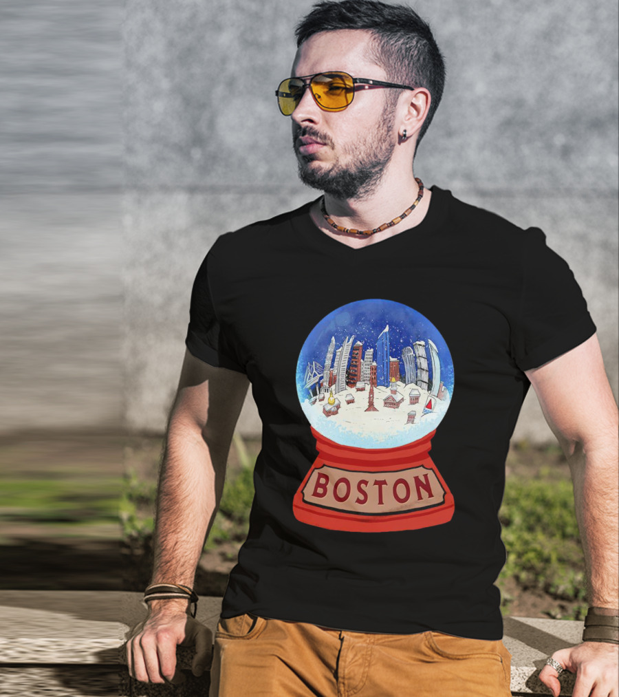 Boston Cityscape Snow Globes Christmas Holiday Scene T-Shirt