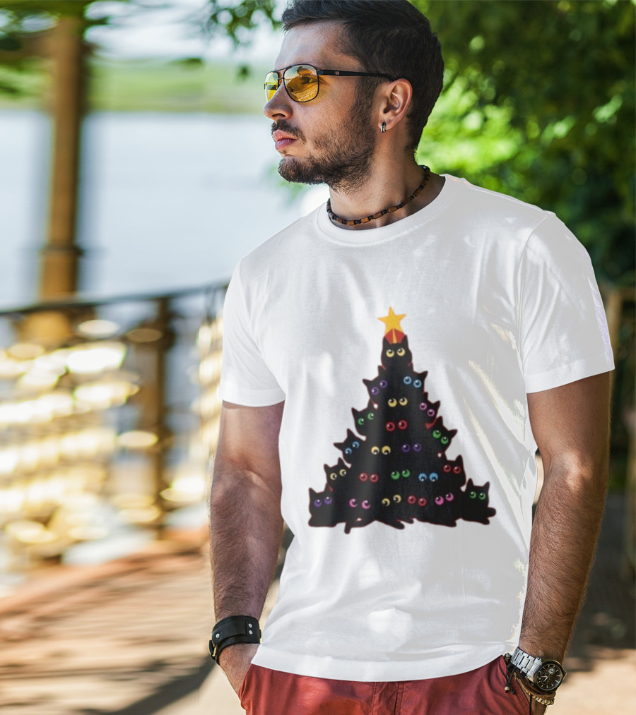 Cat Christmas Tree With Colorful Eyes And Star Top T-Shirt