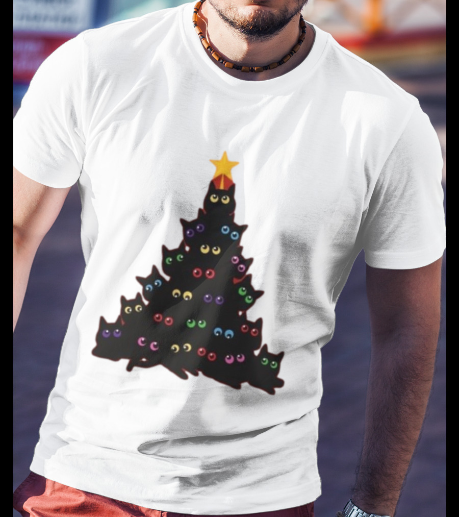 Cat Christmas Tree With Colorful Eyes And Star Top T-Shirt