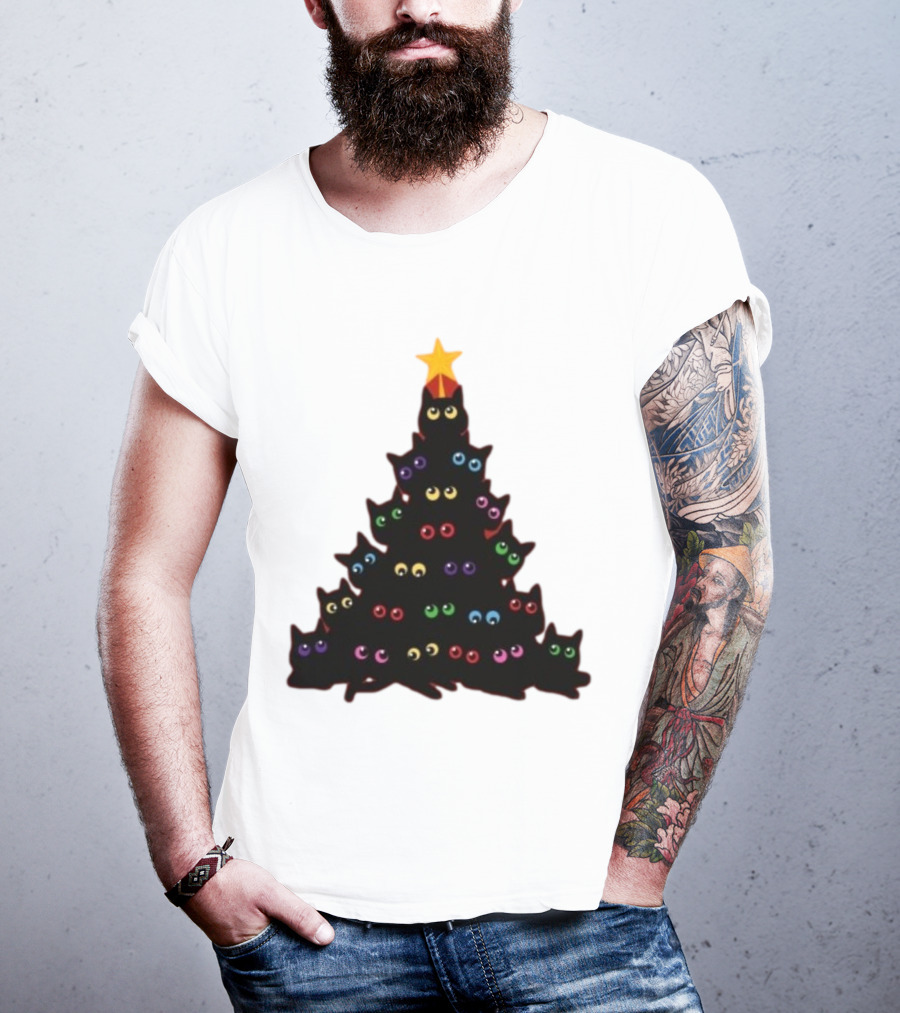 Cat Christmas Tree With Colorful Eyes And Star Top T-Shirt