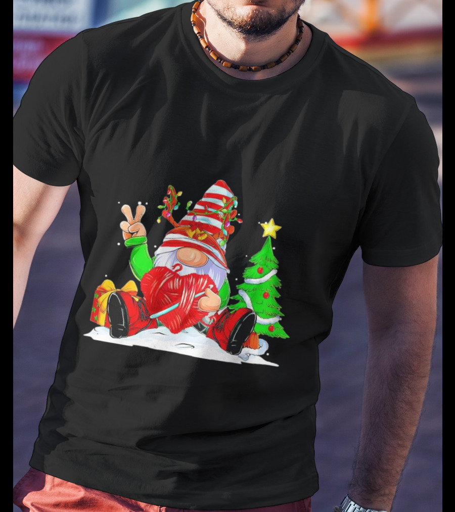 Gnome Love Peace Christmas Crochet Yarn Tree T-Shirt