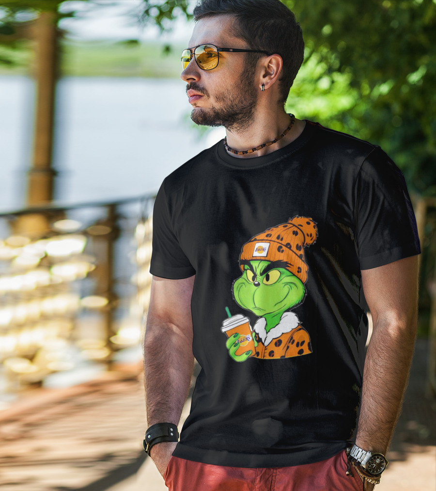 Grinch Drinking Los Angeles Lakers Cup Wearing Beanie T-Shirt