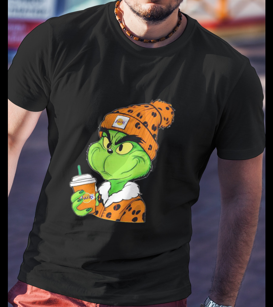 Grinch Drinking Los Angeles Lakers Cup Wearing Beanie T-Shirt