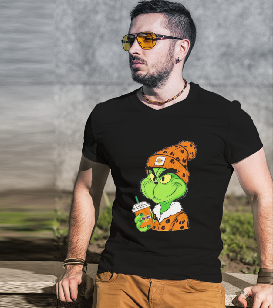 Grinch Drinking Los Angeles Lakers Cup Wearing Beanie T-Shirt