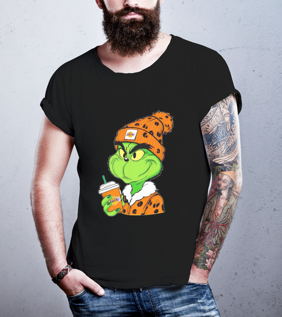 Grinch Drinking Los Angeles Lakers Cup Wearing Beanie T-Shirt