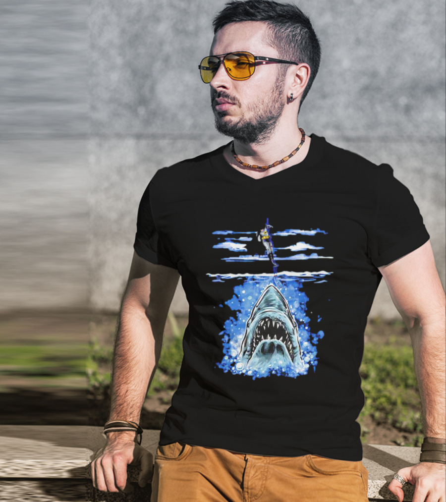 Jaws Batman Shark Repellent Hanging Above Menacing Shark T-Shirt