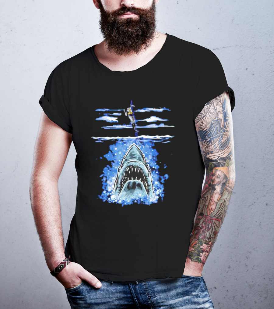 Jaws Batman Shark Repellent Hanging Above Menacing Shark T-Shirt