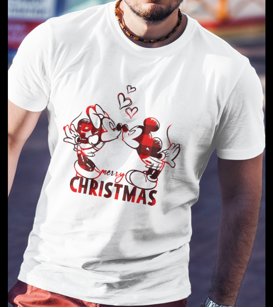 Mickey Minnie Kissing Merry Christmas Hearts Red Plaid T-Shirt