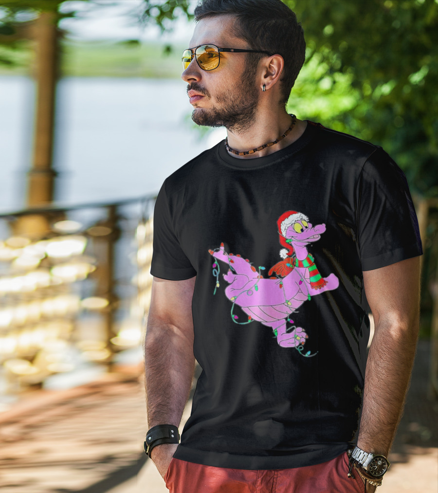 Dragon Figment In Santa Hat Wrapped In Christmas Lights T-Shirt
