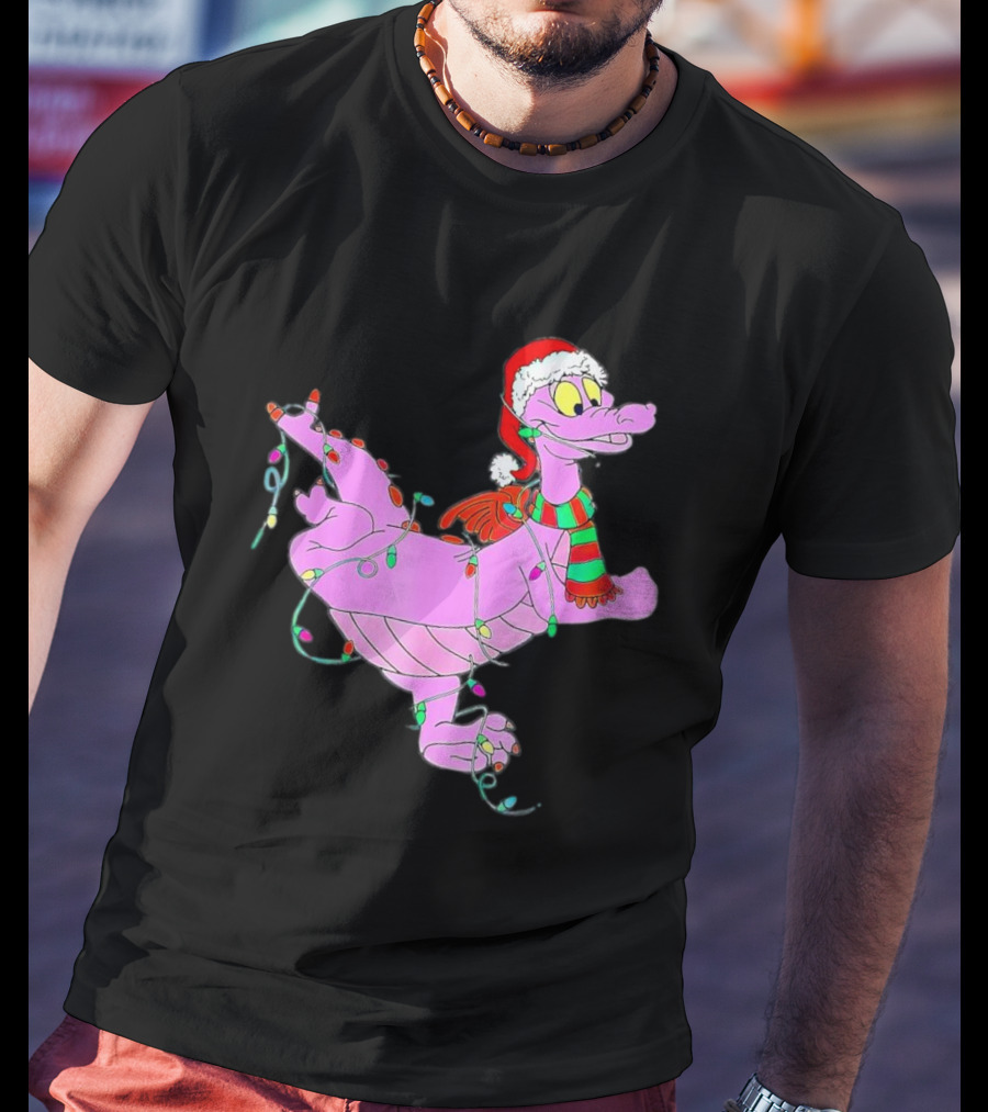 Dragon Figment In Santa Hat Wrapped In Christmas Lights T-Shirt