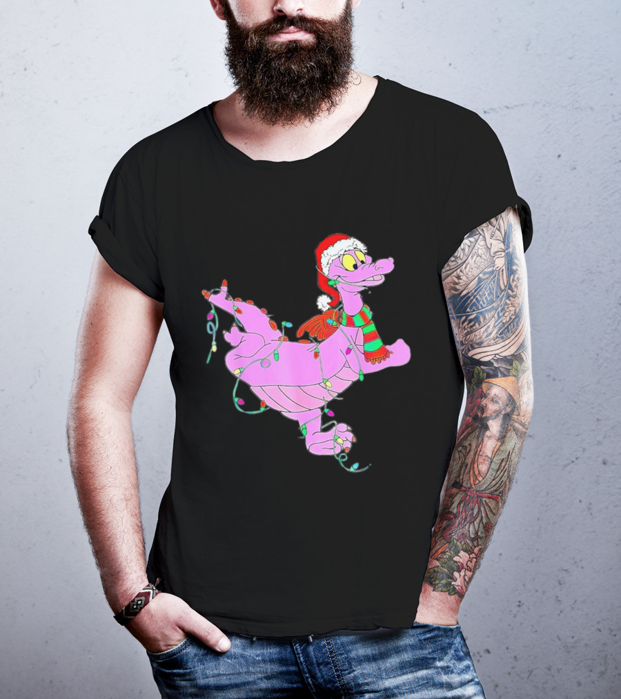 Dragon Figment In Santa Hat Wrapped In Christmas Lights T-Shirt