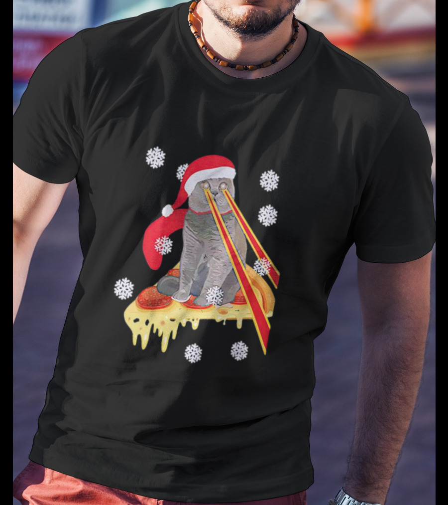 Santa Cat With Laser Eyes On Cheesy Pizza Snowflakes T-Shirt