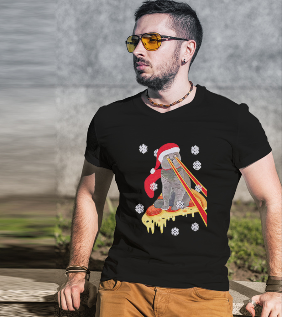 Santa Cat With Laser Eyes On Cheesy Pizza Snowflakes T-Shirt