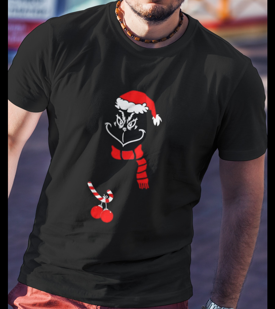 Grinch Santa Hat Scarf Candy Cane Christmas Balls T-Shirt