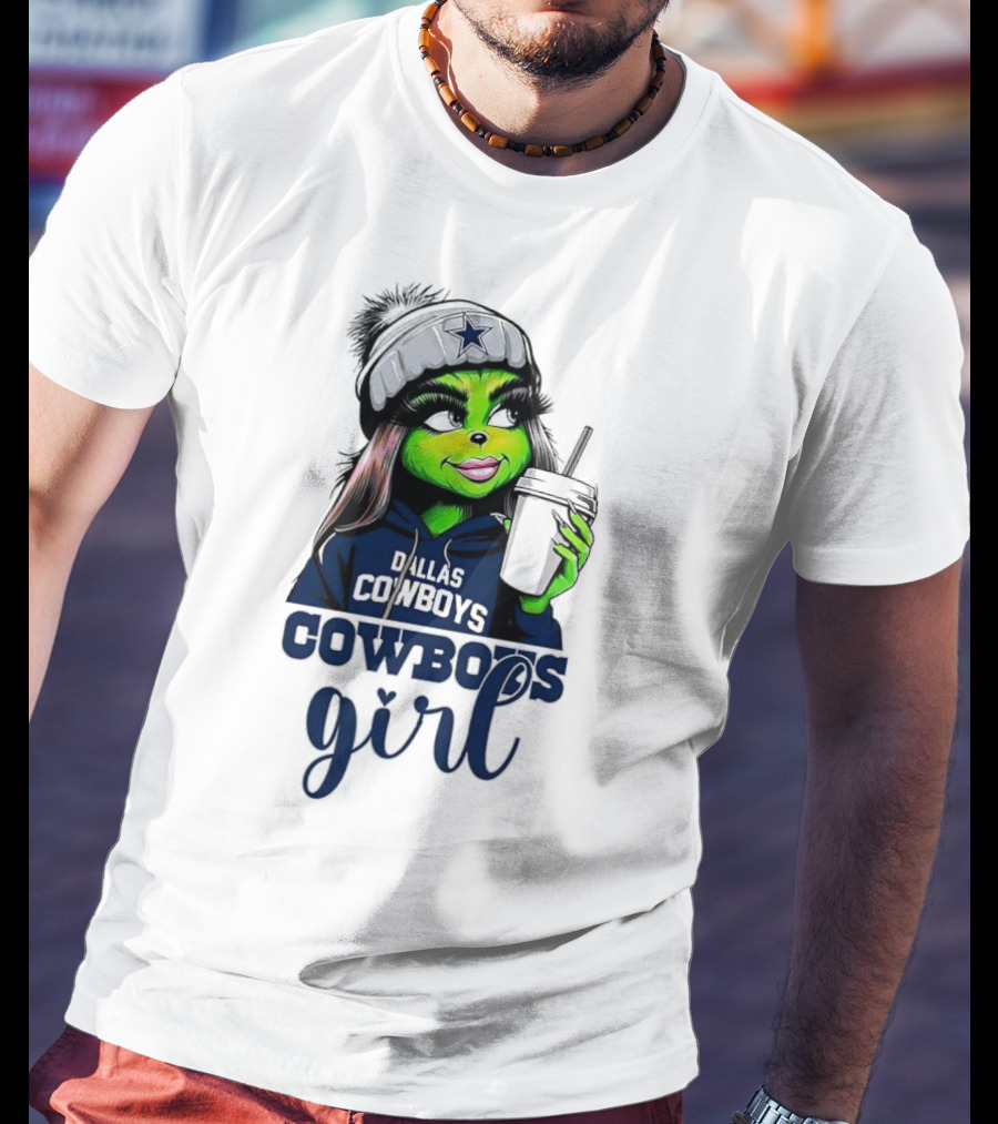 Grinch Dallas Cowboys Girl Drinking Coffee T-Shirt