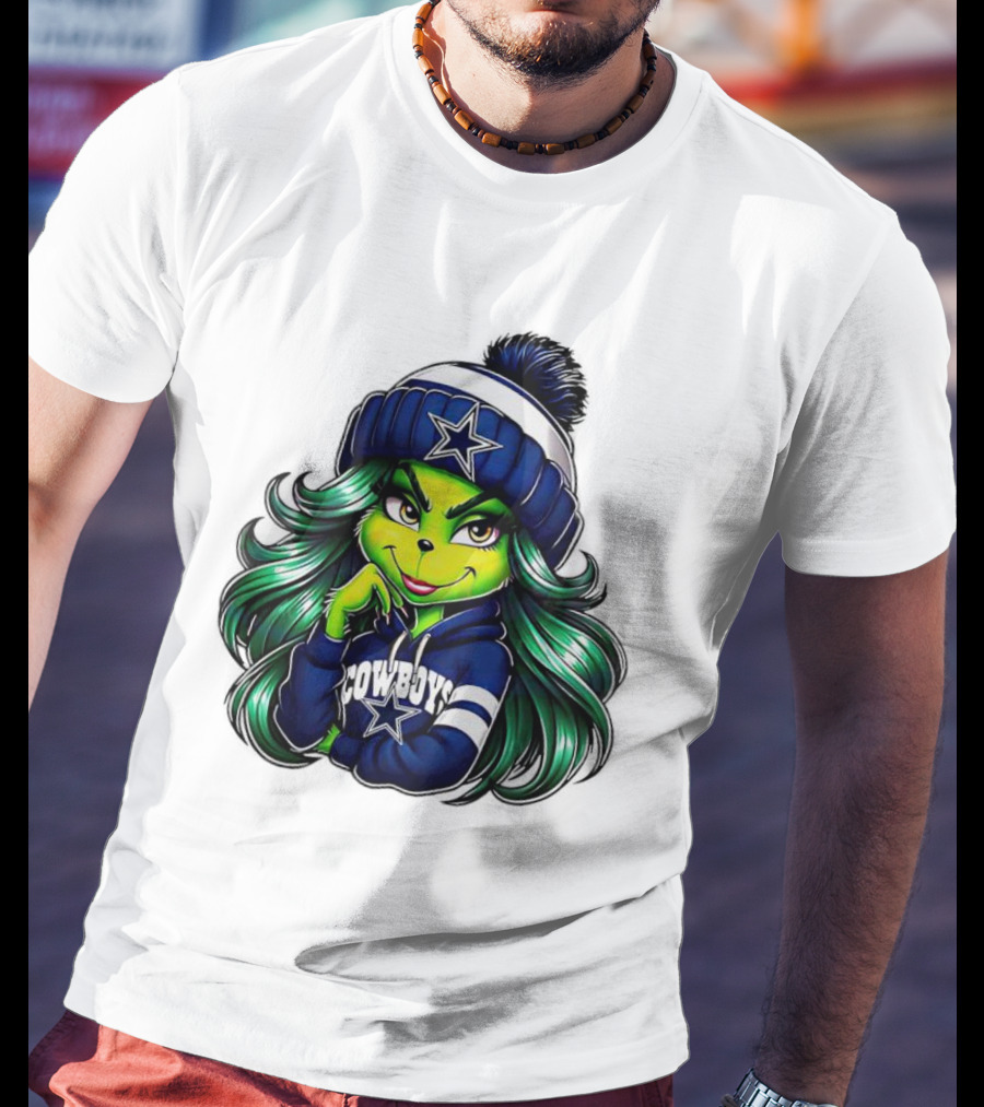 Grinch Girl In Dallas Cowboys Hat And Hoodie With Star T-Shirt