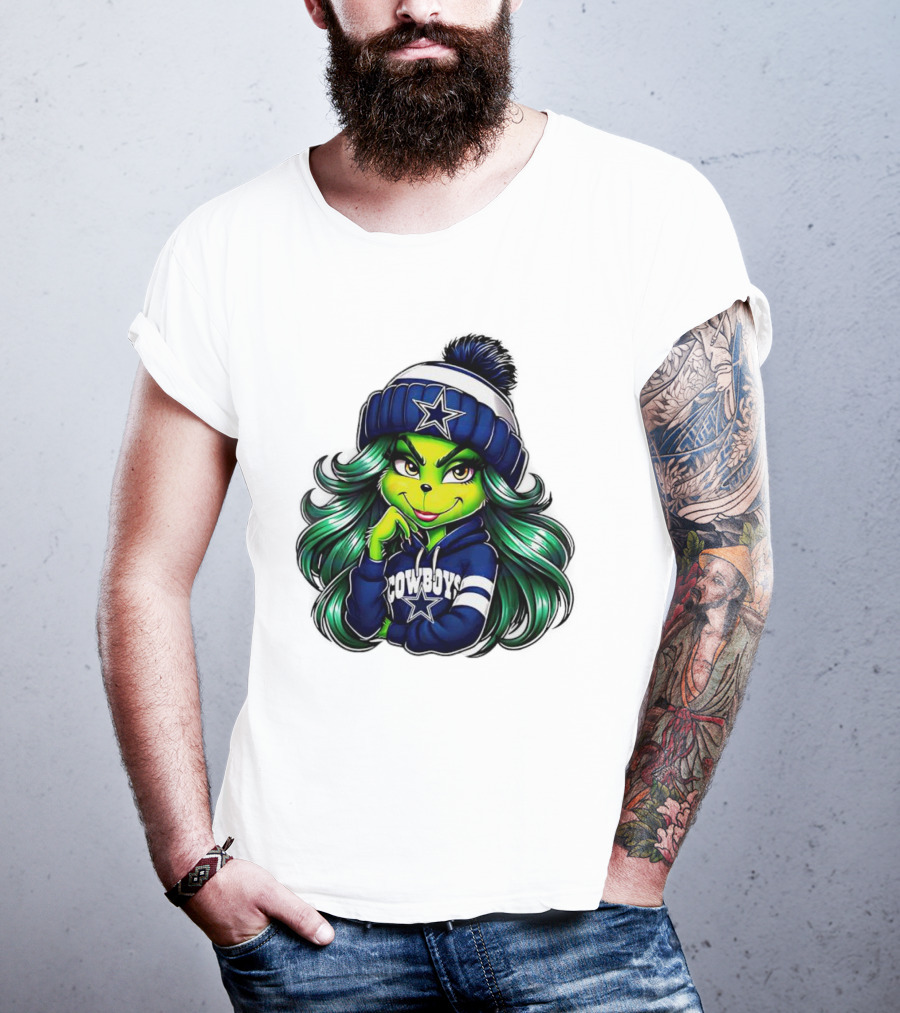 Grinch Girl In Dallas Cowboys Hat And Hoodie With Star T-Shirt