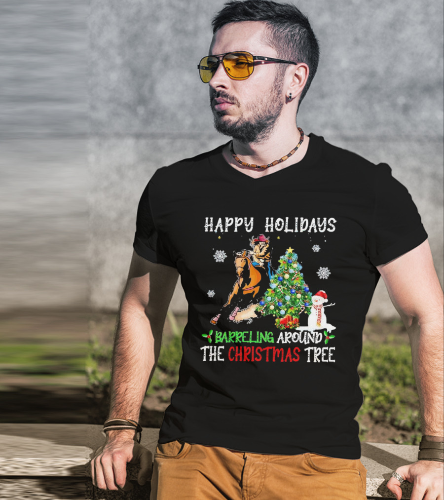 Happy Holidays Barreling Around The Christmas Tree With Cowboy And Snowman T-Shirt