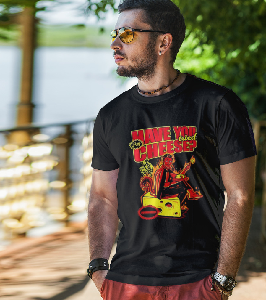 Hey Have You Tried Cheese Devil Sitting On Cheese Block Flame Background Punkmaster Store T-Shirt