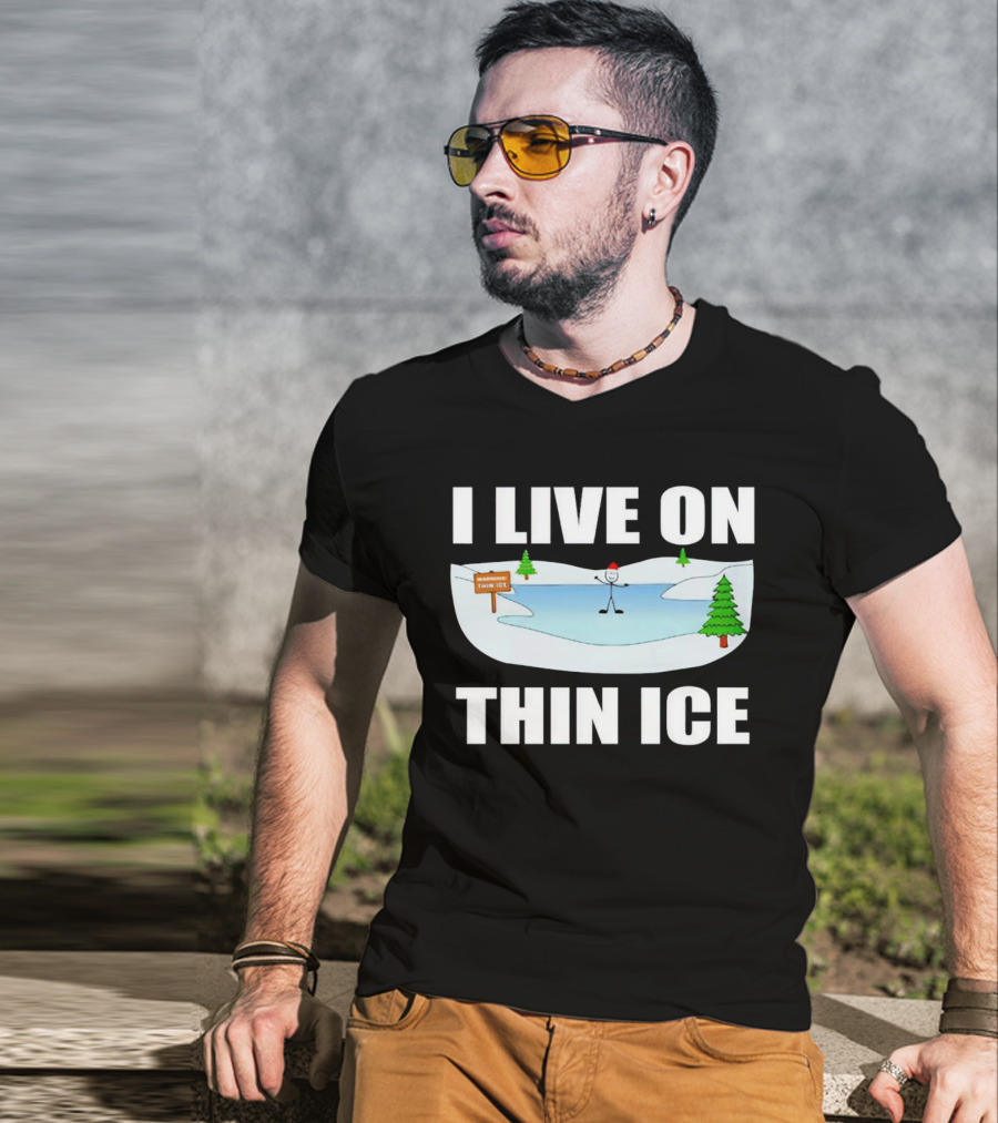 I Live On Thin Ice Stick Figure Skating On Frozen Lake T-Shirt