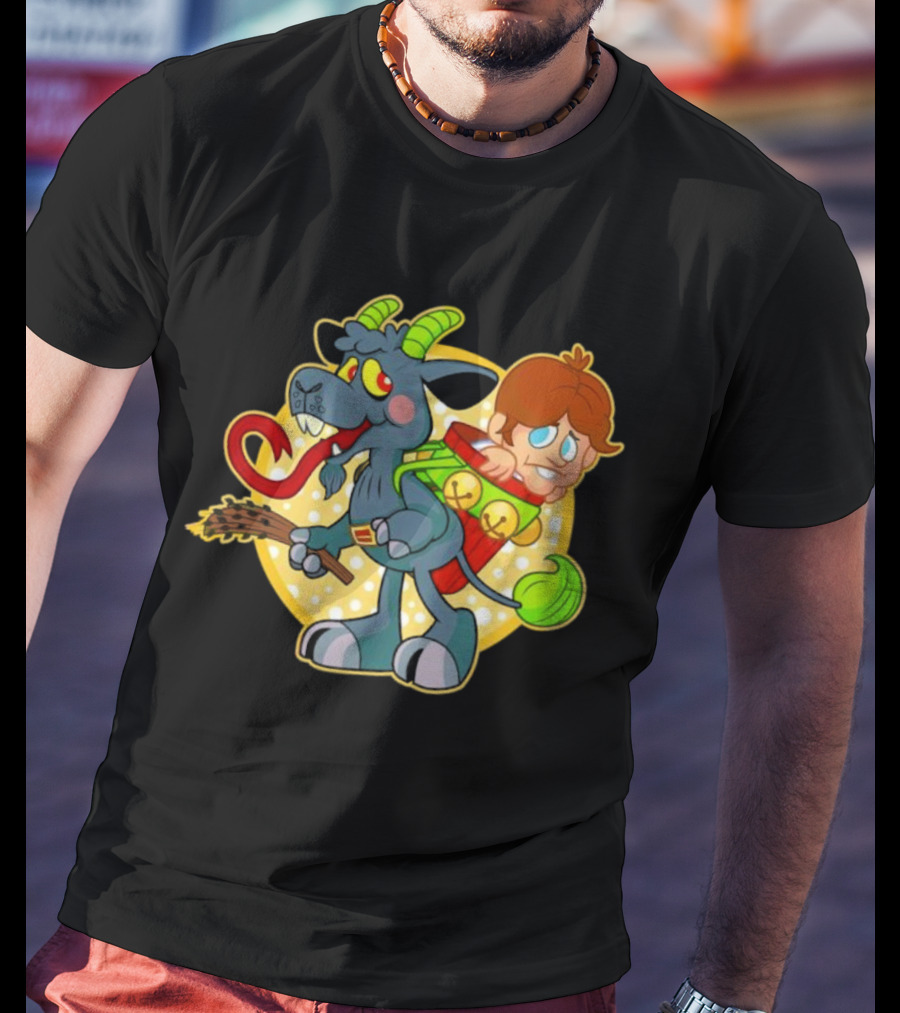 Krampus Rankin-Kramp Cartoon Goat With Red Backpack And Child T-Shirt
