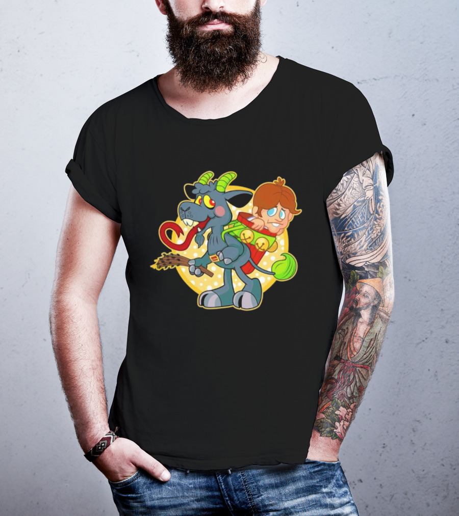 Krampus Rankin-Kramp Cartoon Goat With Red Backpack And Child T-Shirt